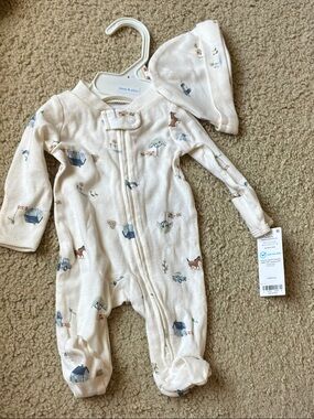 Cream Baby One-Piece Footed Sleeper with Animal Print and Hat